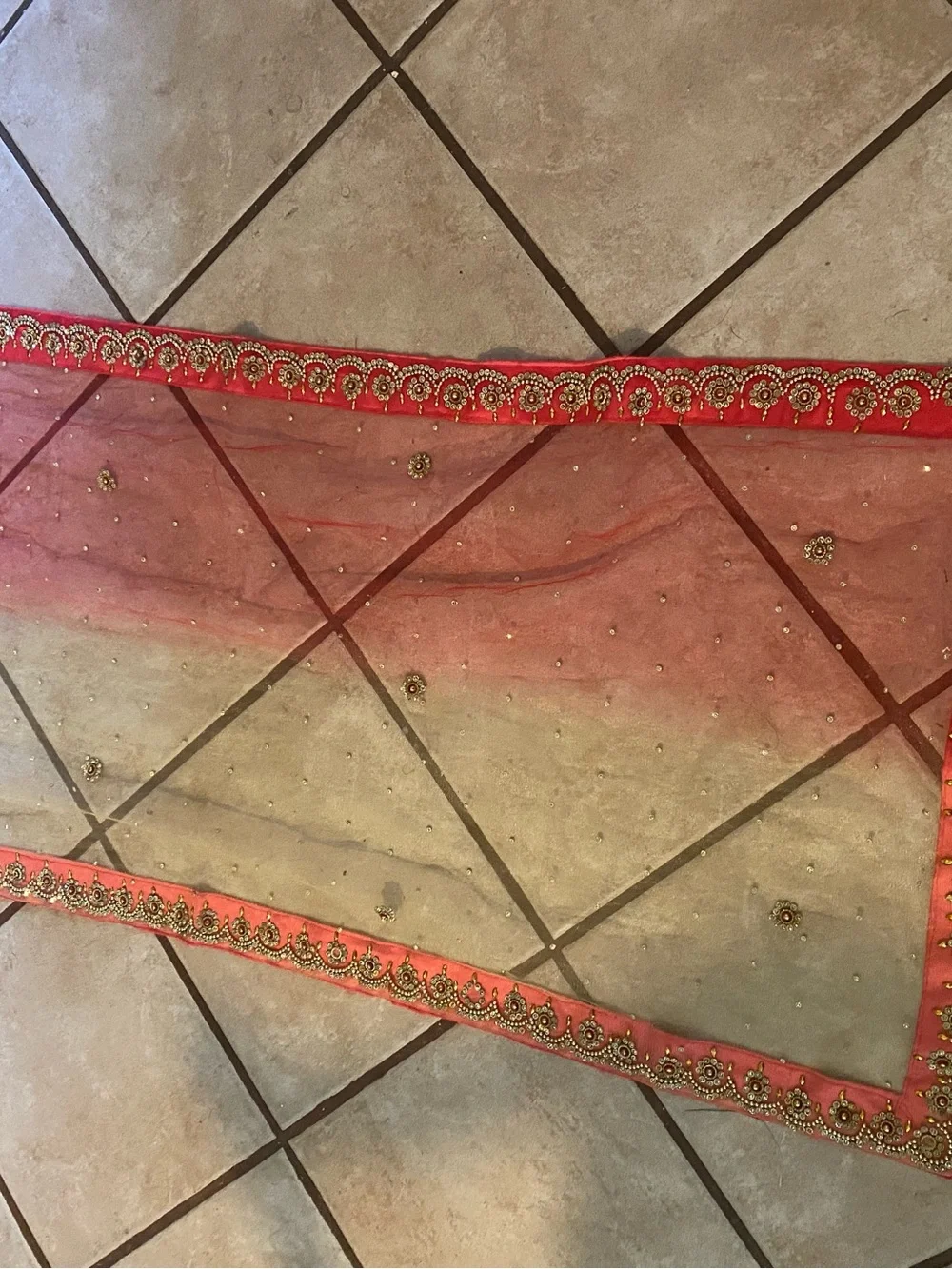 Embellished Coral and Gold Sheer Scarf or Shawl